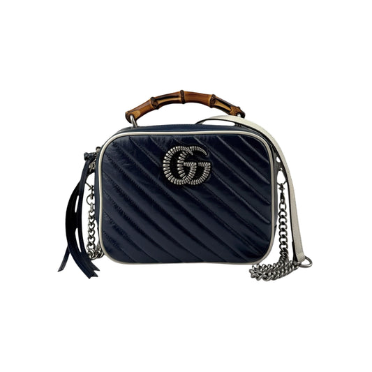 Gucci Blue Diagonal Quilted GG Leather Marmont Bamboo Top Handle Shoulder Bag
