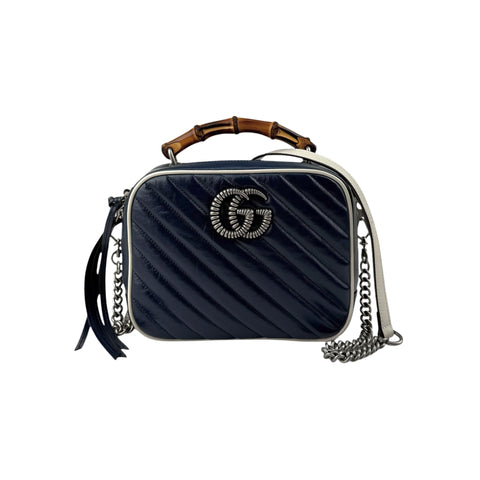 Gucci Blue Diagonal Quilted GG Leather Marmont Bamboo Top Handle Shoulder Bag