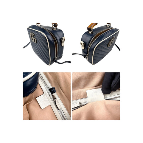 Gucci Blue Diagonal Quilted GG Leather Marmont Bamboo Top Handle Shoulder Bag