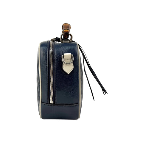 Gucci Blue Diagonal Quilted GG Leather Marmont Bamboo Top Handle Shoulder Bag