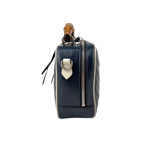Gucci Blue Diagonal Quilted GG Leather Marmont Bamboo Top Handle Shoulder Bag