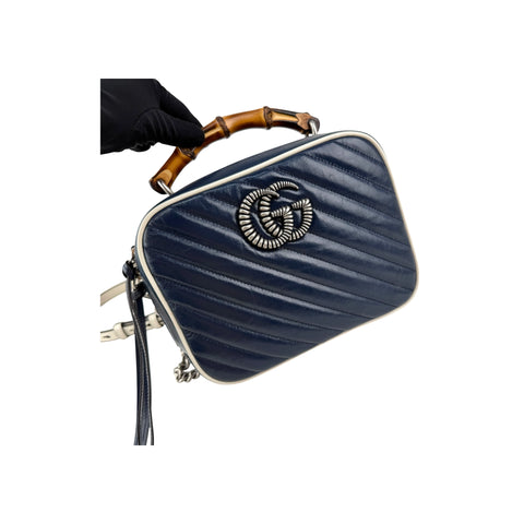Gucci Blue Diagonal Quilted GG Leather Marmont Bamboo Top Handle Shoulder Bag