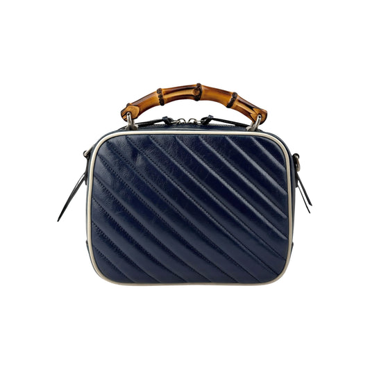 Gucci Blue Diagonal Quilted GG Leather Marmont Bamboo Top Handle Shoulder Bag
