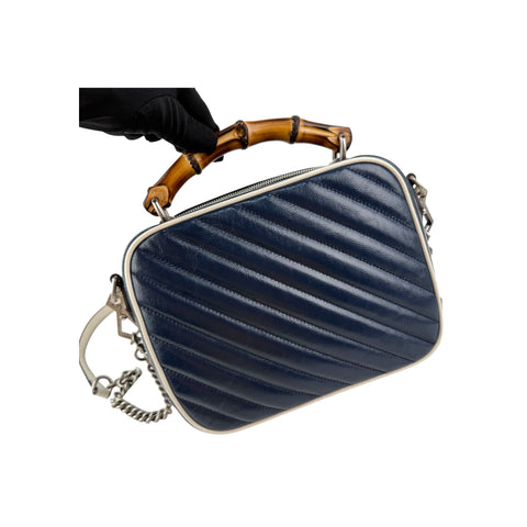 Gucci Blue Diagonal Quilted GG Leather Marmont Bamboo Top Handle Shoulder Bag
