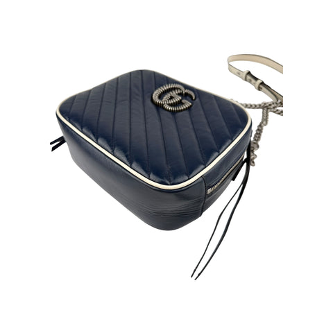 Gucci Blue Diagonal Quilted GG Leather Marmont Bamboo Top Handle Shoulder Bag