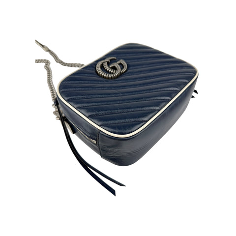Gucci Blue Diagonal Quilted GG Leather Marmont Bamboo Top Handle Shoulder Bag