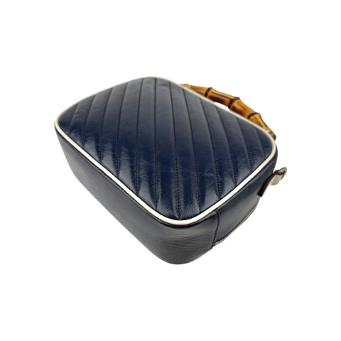 Gucci Blue Diagonal Quilted GG Leather Marmont Bamboo Top Handle Shoulder Bag