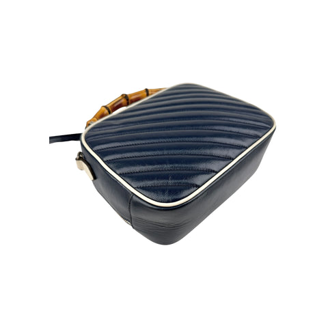 Gucci Blue Diagonal Quilted GG Leather Marmont Bamboo Top Handle Shoulder Bag
