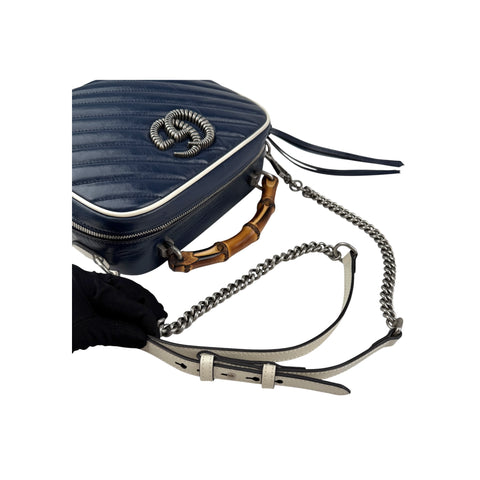 Gucci Blue Diagonal Quilted GG Leather Marmont Bamboo Top Handle Shoulder Bag