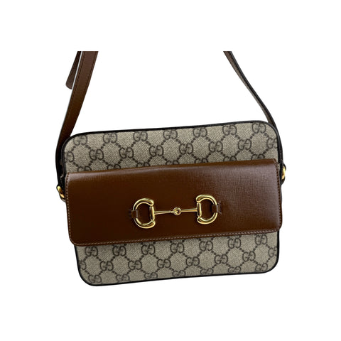 Gucci Brown/Beige GG Supreme Canvas and Leather Small Horsebit 1955 Shoulder Bag