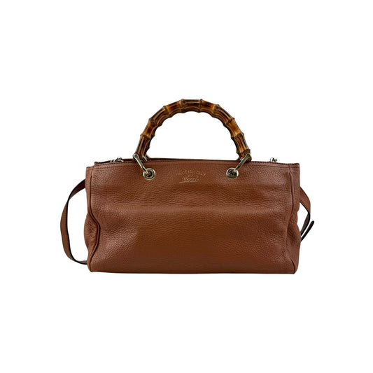 Gucci Brown Pebbled Leather Bamboo Shopper Boston Bag