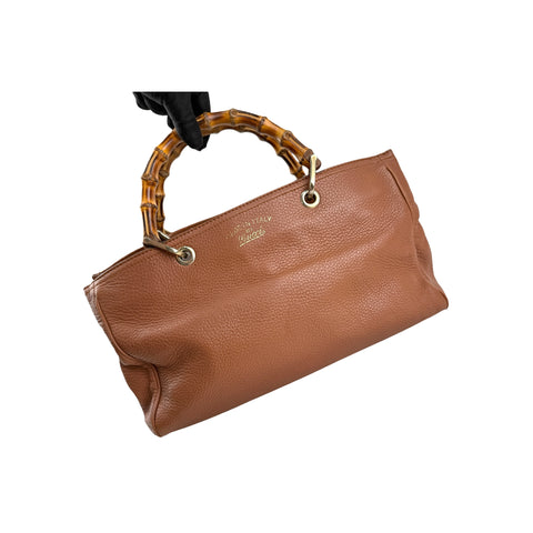 Gucci Brown Pebbled Leather Bamboo Shopper Boston Bag
