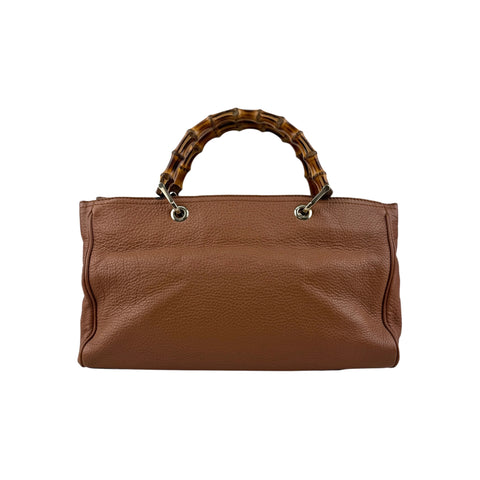 Gucci Brown Pebbled Leather Bamboo Shopper Boston Bag