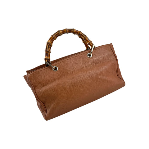 Gucci Brown Pebbled Leather Bamboo Shopper Boston Bag