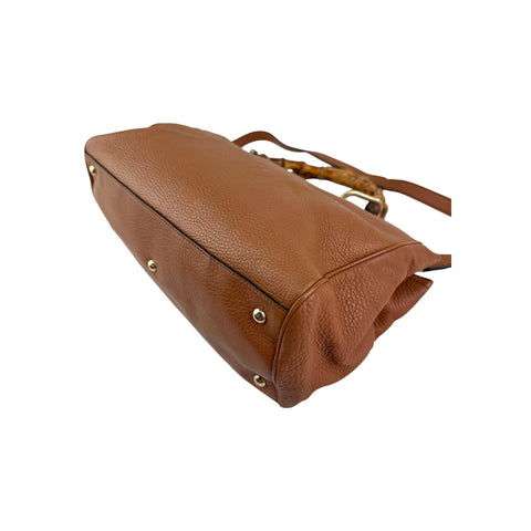 Gucci Brown Pebbled Leather Bamboo Shopper Boston Bag