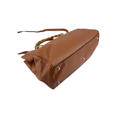 Gucci Brown Pebbled Leather Bamboo Shopper Boston Bag