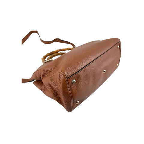 Gucci Brown Pebbled Leather Bamboo Shopper Boston Bag