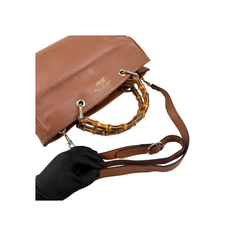 Gucci Brown Pebbled Leather Bamboo Shopper Boston Bag