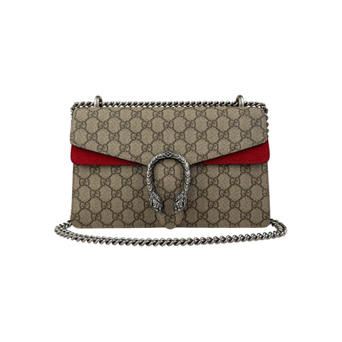Gucci GG Supreme Monogram Suede Dionysus Shoulder Bag Beige Ebony Vulcanic Red