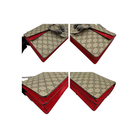 Gucci GG Supreme Monogram Suede Dionysus Shoulder Bag Beige Ebony Vulcanic Red