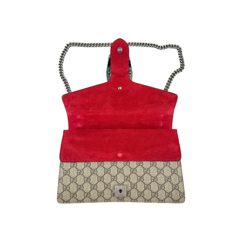 Gucci GG Supreme Monogram Suede Dionysus Shoulder Bag Beige Ebony Vulcanic Red