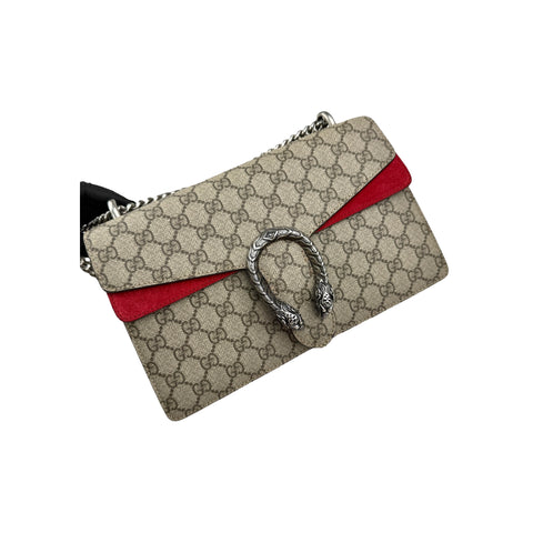 Gucci GG Supreme Monogram Suede Dionysus Shoulder Bag Beige Ebony Vulcanic Red