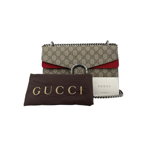 Gucci GG Supreme Monogram Suede Dionysus Shoulder Bag Beige Ebony Vulcanic Red
