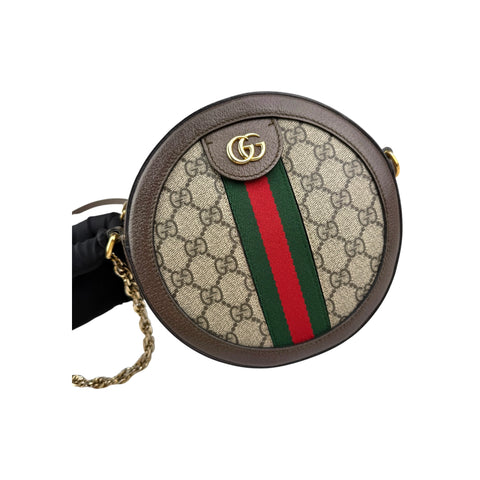 Gucci GG Supreme Monogram Web Mini Ophidia Round Brown Shoulder Bag