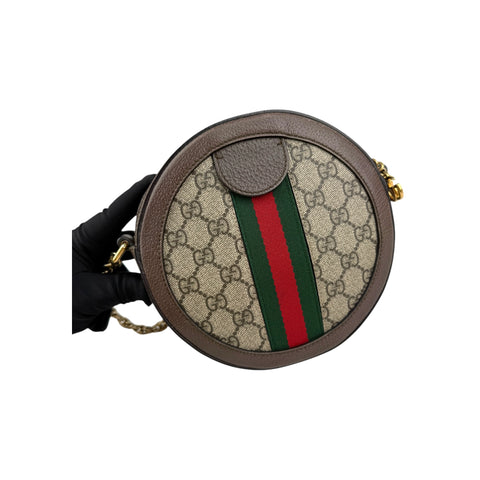 Gucci GG Supreme Monogram Web Mini Ophidia Round Brown Shoulder Bag