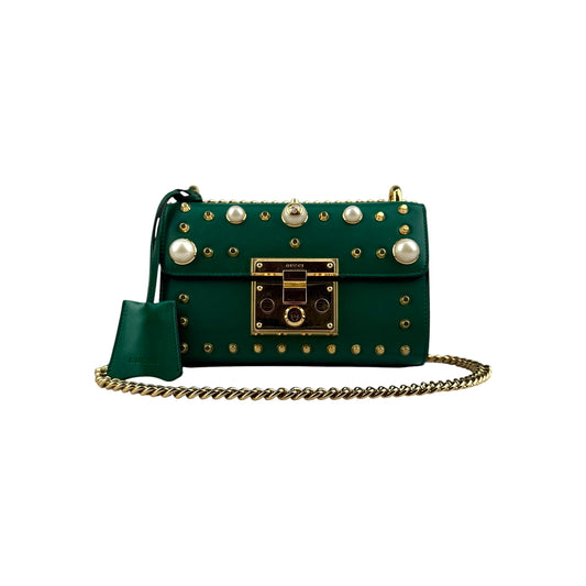 Gucci Green Leather Faux Pearl Stud Padlock Shoulder Bag
