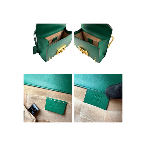 Gucci Green Leather Faux Pearl Stud Padlock Shoulder Bag