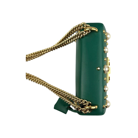 Gucci Green Leather Faux Pearl Stud Padlock Shoulder Bag