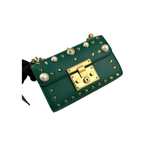 Gucci Green Leather Faux Pearl Stud Padlock Shoulder Bag