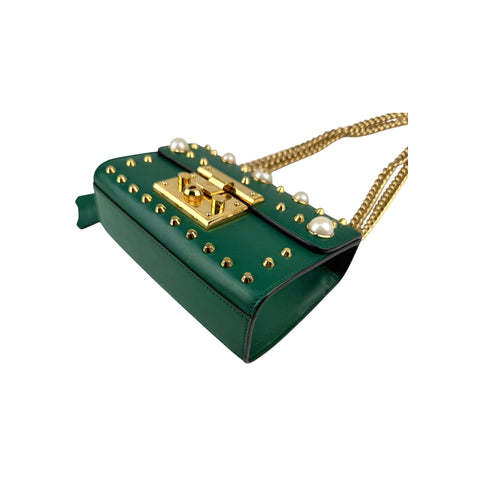 Gucci Green Leather Faux Pearl Stud Padlock Shoulder Bag