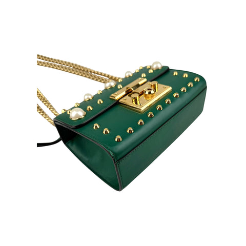 Gucci Green Leather Faux Pearl Stud Padlock Shoulder Bag