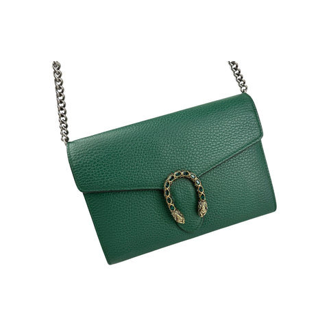 Gucci Green Pebbled Leather Dionysus Mini Wallet on Chain Bag