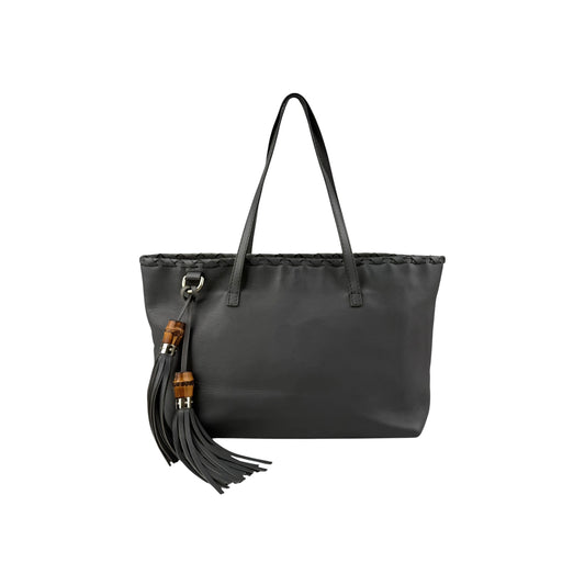 Gucci Grey Pebbled Leather Bamboo Tassel Tote Bag