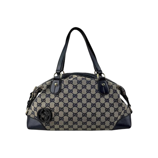 Gucci Navy Cloth and Leather Brick Lane Boston Bag