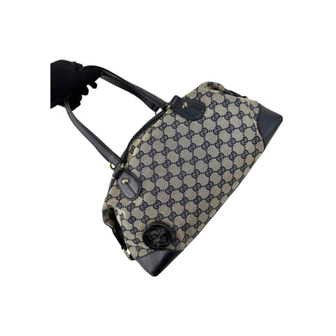 Gucci Navy Cloth and Leather Brick Lane Boston Bag