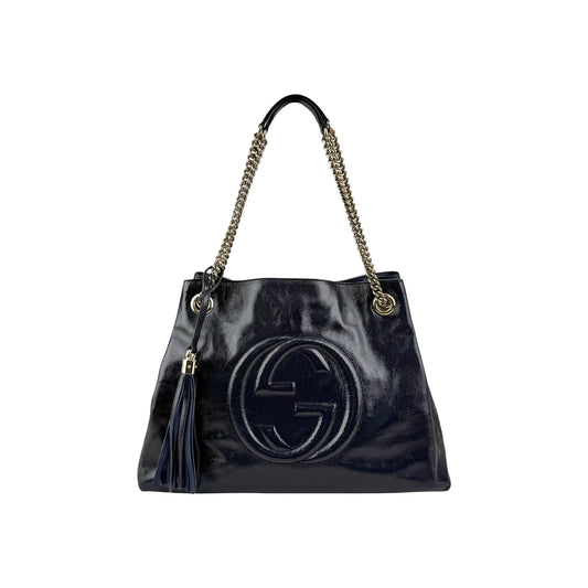 Gucci Navy Patent Leather Soho Chain Tote Bag