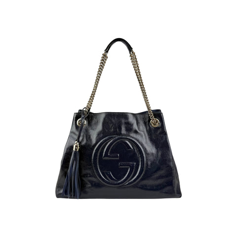 Gucci Navy Patent Leather Soho Chain Tote Bag