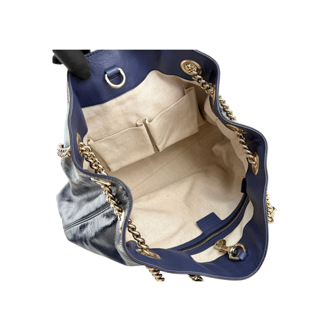 Gucci Navy Patent Leather Soho Chain Tote Bag
