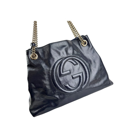 Gucci Navy Patent Leather Soho Chain Tote Bag