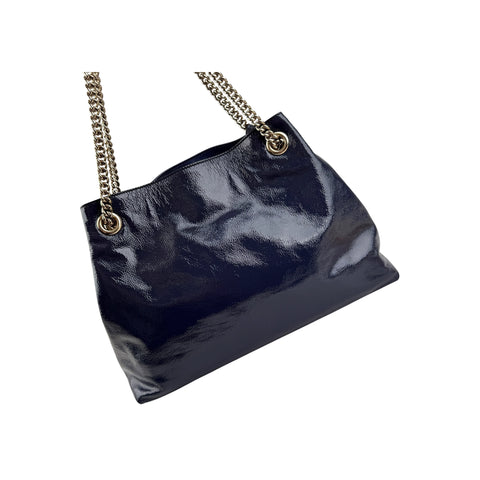 Gucci Navy Patent Leather Soho Chain Tote Bag