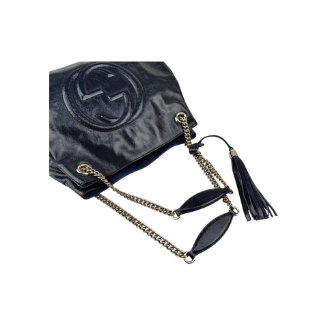 Gucci Navy Patent Leather Soho Chain Tote Bag