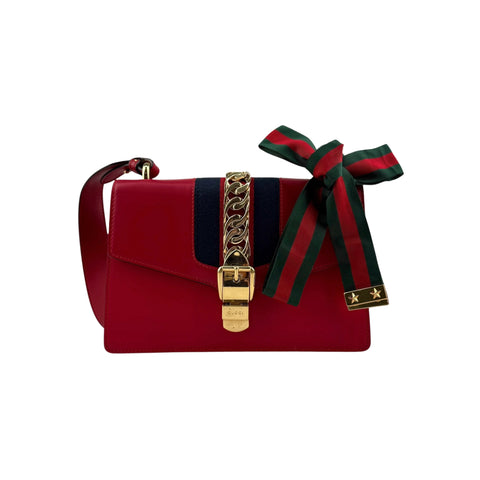 Gucci Red Calfskin Leather Sylvie Shoulder Bag