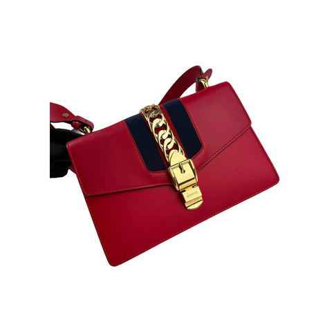 Gucci Red Calfskin Leather Sylvie Shoulder Bag