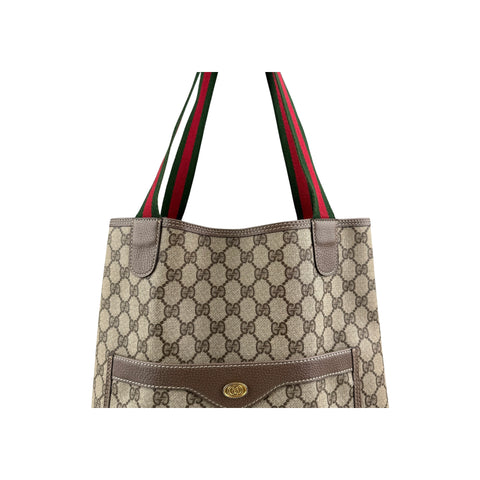 Gucci shopper tote bag brown monogram supreme canvas ribbon handles