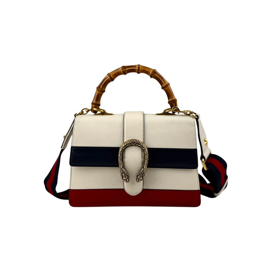 Gucci White/Blue/Red Striped Leather Bamboo Top Handle Medium Dionysus Bag