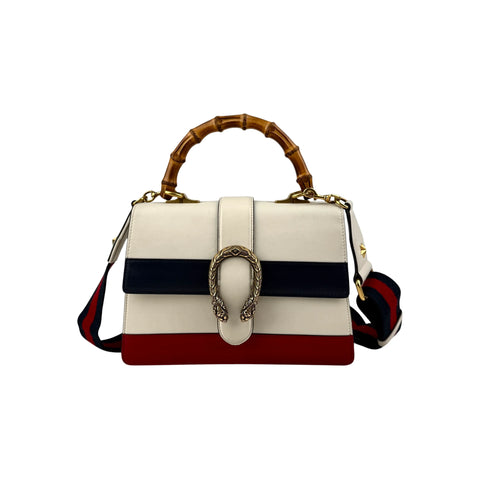 Gucci White/Blue/Red Striped Leather Bamboo Top Handle Medium Dionysus Bag